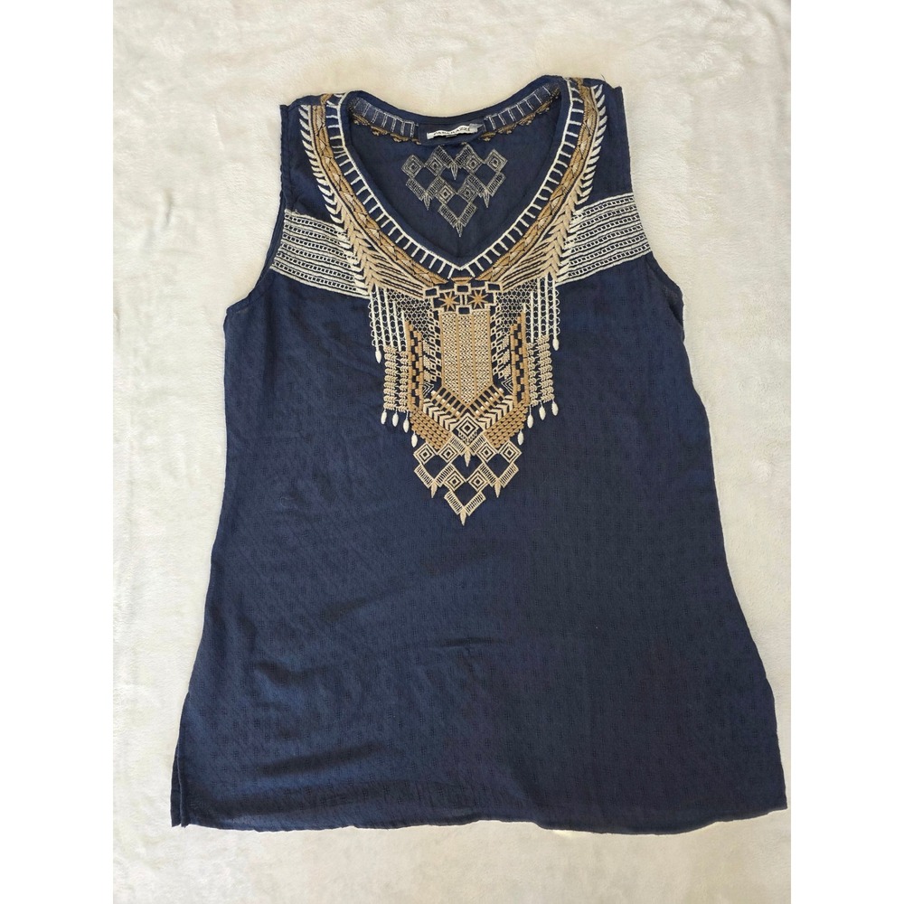 Paparazzi Navy Blue Embroidered V Neck Sleeveless Tunic Top Size L